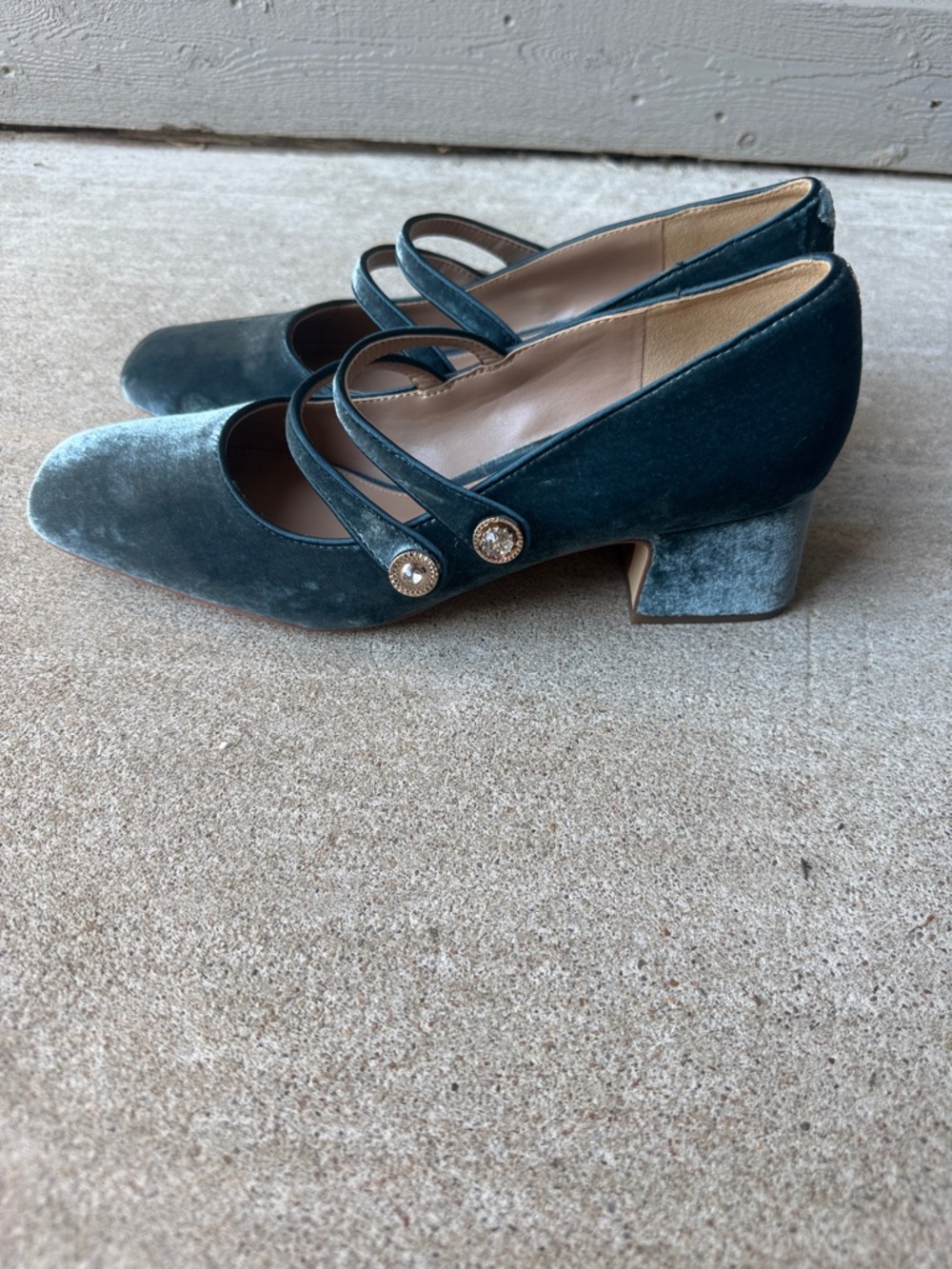 Sam Edelman Teal Blue Velvet Double-Strap Block Heels - Picture 4 of 6